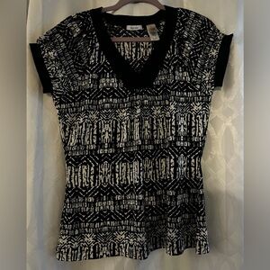 Liz & Co Top Women M Black/Cream Print V Neck Jersey Knit Stretch Shirt